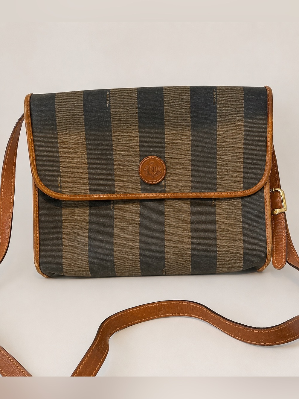 Vintage Fendi Pequin Stripe Crossbody Bag Brown Black Leather Trim